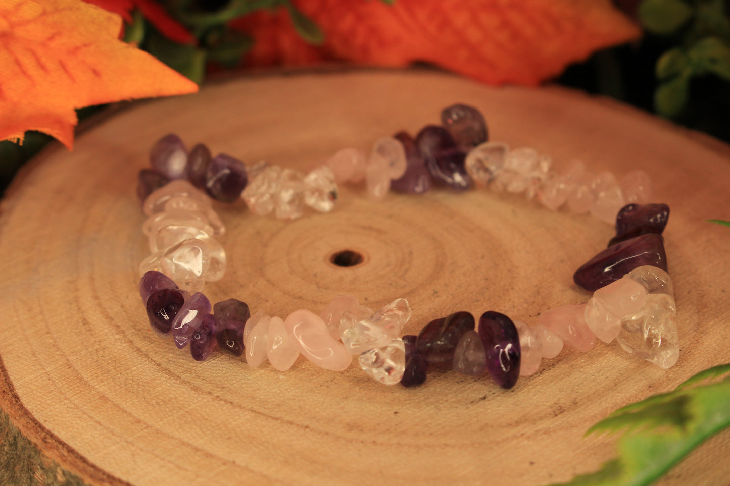 Amethyst-Rosenquarz-Bergkristall Armband (Goldenes Dreieck)