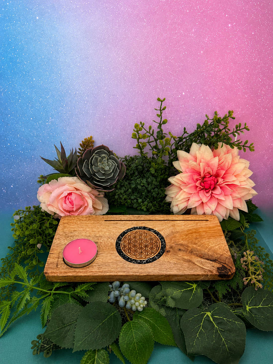 Turmalin & Pyrit Kartenhalter Blume des Lebens