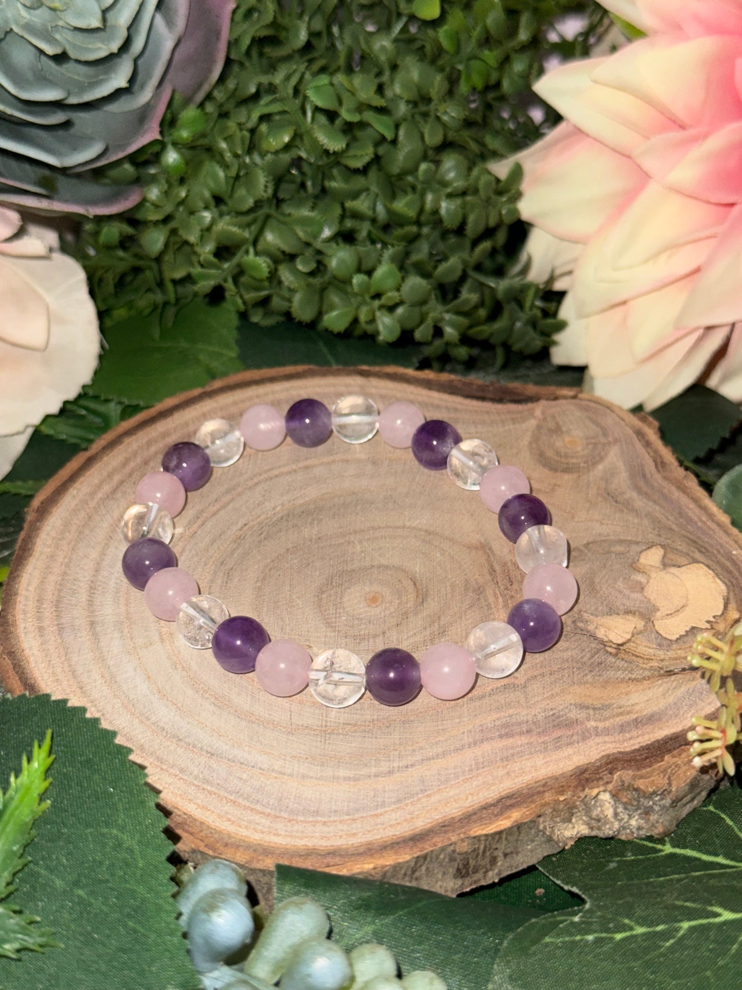 Amethyst Rosenquarz Bergkristall (Goldenes Dreieck) Armband