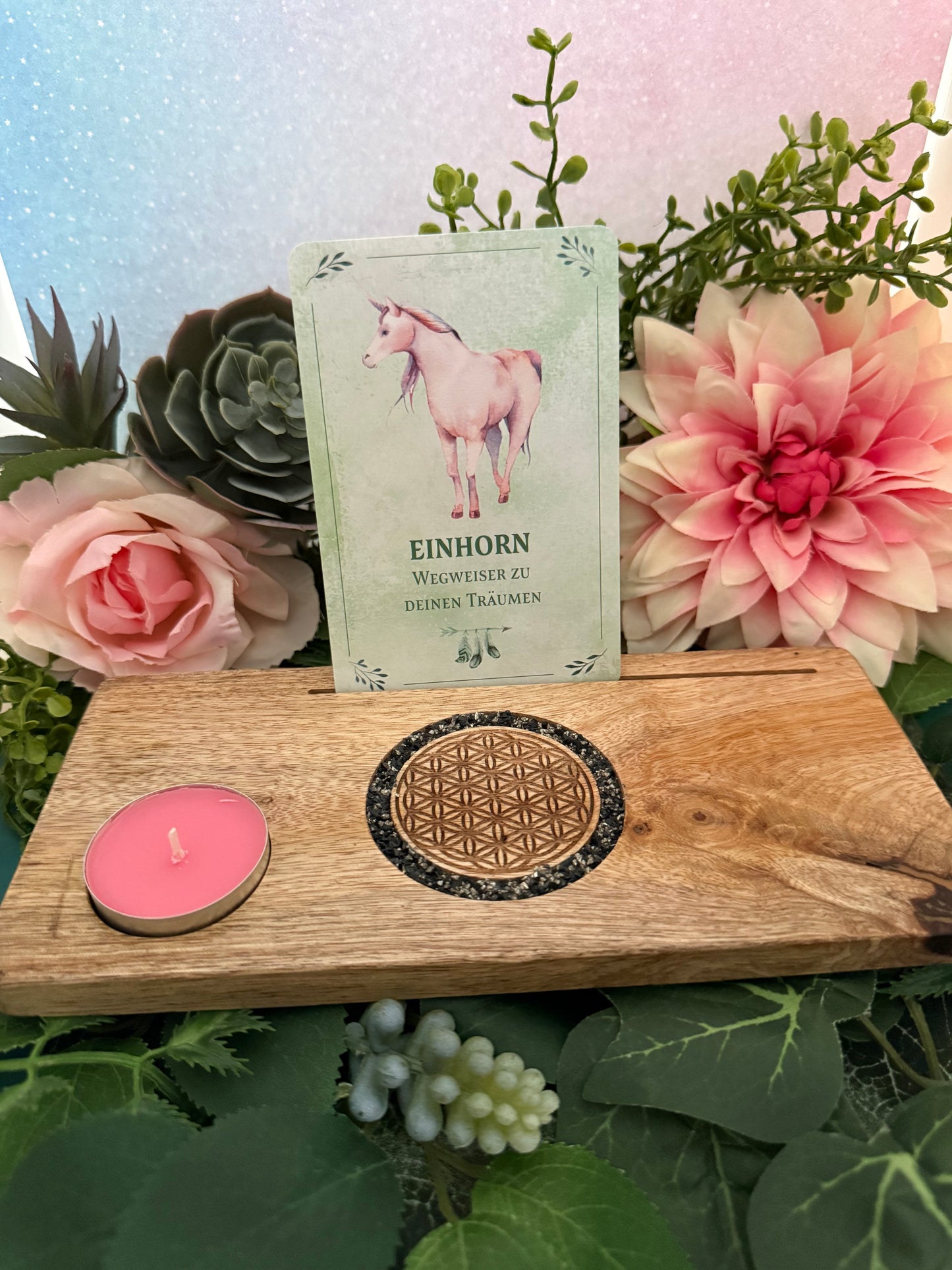 Turmalin & Pyrit Kartenhalter Blume des Lebens